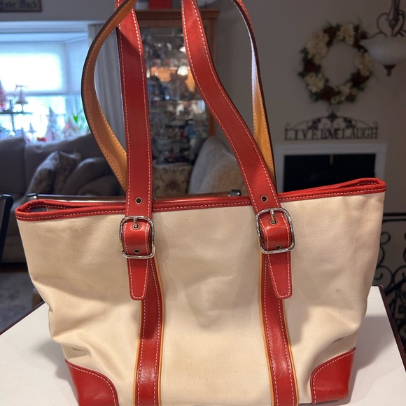 Vintage Coach, canvas and leather bag tan with red leather - Picture 3 of 10